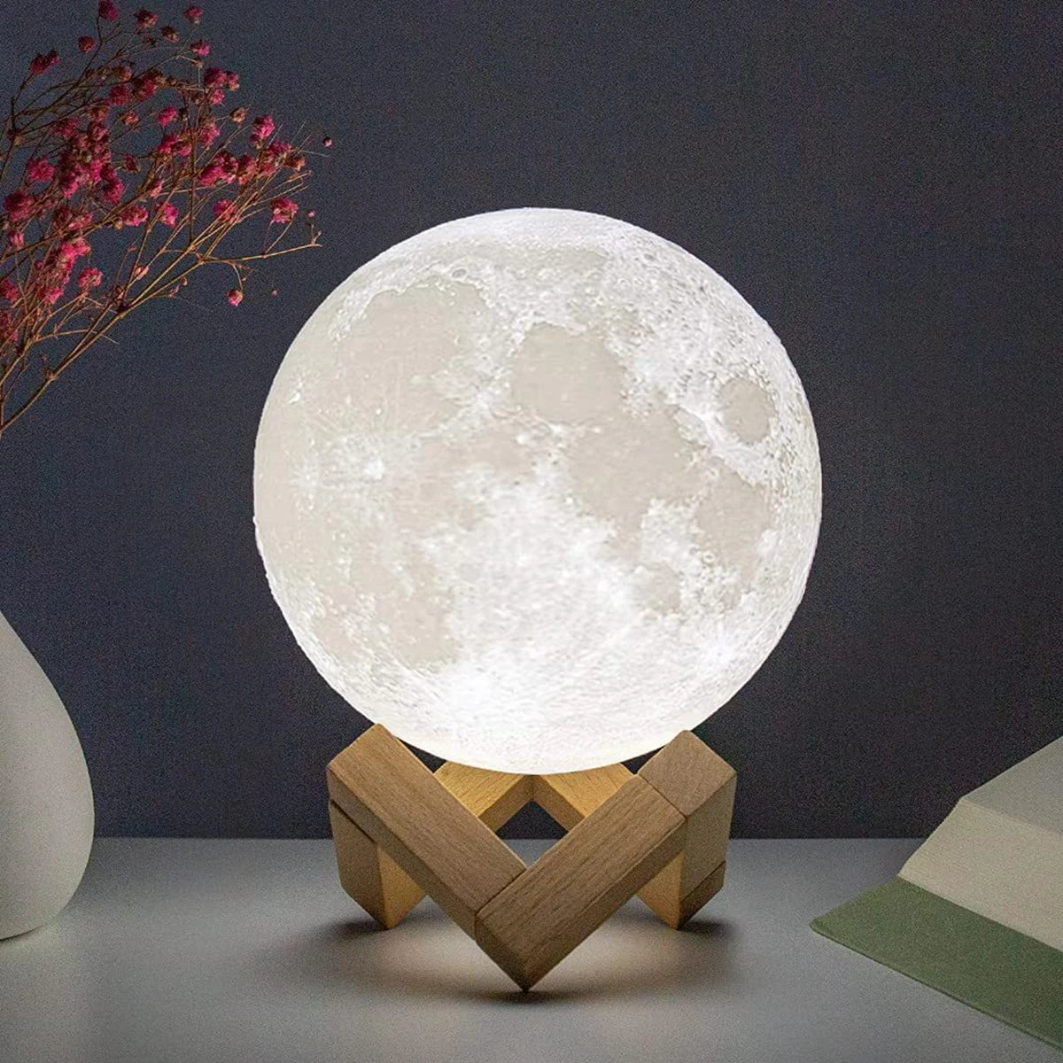 Moon Lamp 3D Night Light with Wooden Stand – Warm & Soft Ambient Light